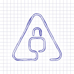 Poster - Lock in warning triangle. Linear icon with thin outline. One line style. Hand drawn picture on paper sheet. Blue ink, outline sketch style. Doodle on checkered background