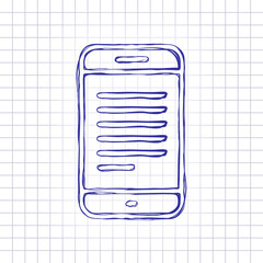 Poster - Mobile phone with text on screen. Simple linear icon with thin outline. Hand drawn picture on paper sheet. Blue ink, outline sketch style. Doodle on checkered background