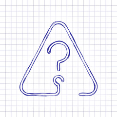 Poster - Question mark in warning triangle. Linear icon with thin outline. One line style. Hand drawn picture on paper sheet. Blue ink, outline sketch style. Doodle on checkered background