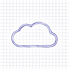 Poster - Simple cloud. Linear symbol with thin outline. Hand drawn picture on paper sheet. Blue ink, outline sketch style. Doodle on checkered background