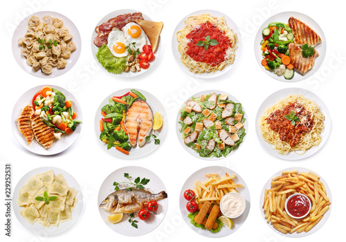 various-plates-of-food-isolated-on-white-background-top-view