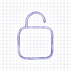 Poster - Simple unlock. Linear, thin outline. Hand drawn picture on paper sheet. Blue ink, outline sketch style. Doodle on checkered background