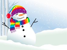 Christmas Background With  Snowman In Rainbow Scarf