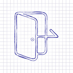 Poster - Exit icon. Linear, thin outline. Hand drawn picture on paper sheet. Blue ink, outline sketch style. Doodle on checkered background