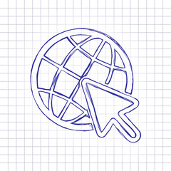 Poster - Globe and arrow icon. Hand drawn picture on paper sheet. Blue ink, outline sketch style. Doodle on checkered background