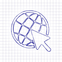 Poster - Globe and arrow icon. Hand drawn picture on paper sheet. Blue ink, outline sketch style. Doodle on checkered background