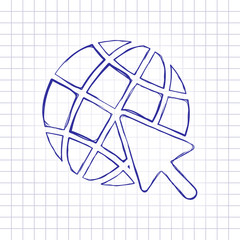Poster - Globe and arrow icon. Hand drawn picture on paper sheet. Blue ink, outline sketch style. Doodle on checkered background