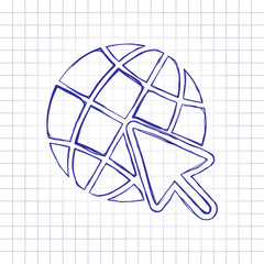 Poster - Globe and arrow icon. Hand drawn picture on paper sheet. Blue ink, outline sketch style. Doodle on checkered background