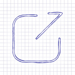 Poster - Share, logout or upload. Diagonal arrow out square. Hand drawn picture on paper sheet. Blue ink, outline sketch style. Doodle on checkered background