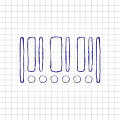 Poster - Barcode icon. Circles instead of numbers. Hand drawn picture on paper sheet. Blue ink, outline sketch style. Doodle on checkered background