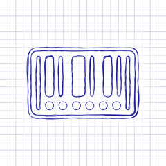 Poster - Barcode label icon. Circles instead of numbers. Hand drawn picture on paper sheet. Blue ink, outline sketch style. Doodle on checkered background
