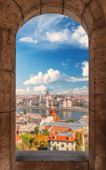 Wall Mural - Aerial framed view of the Parliament building in Budapest, Hungary in the autumn