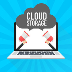 Poster - Concepts Cloud storage. Laptop on blue background. Synchronization and storage of data.