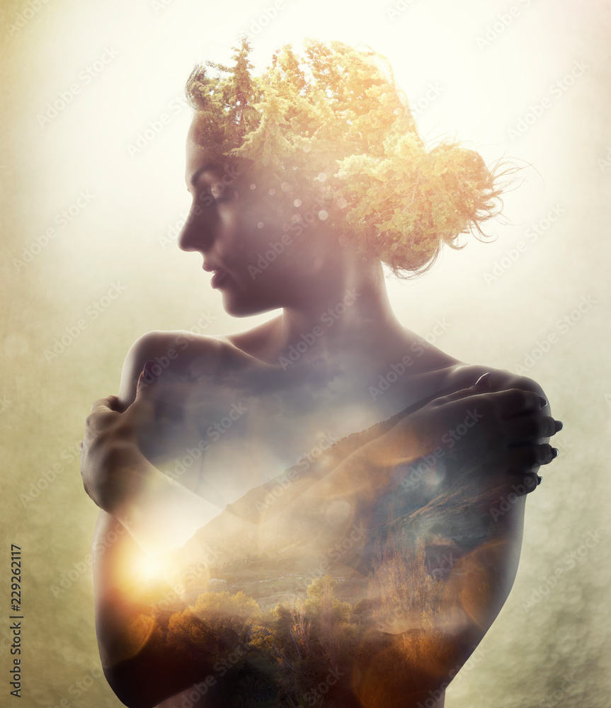 Girl with tree in hair. Double exposure - obrazy, fototapety, plakaty 