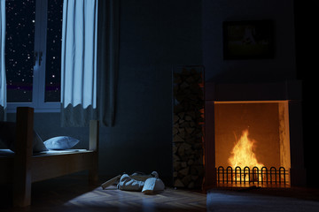 Wall Mural - 3d rendering of bedroom with fireplace at deep night