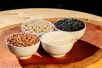 Close-up on three varieties of beans and rice