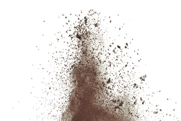 Dry soil explosion on white background.