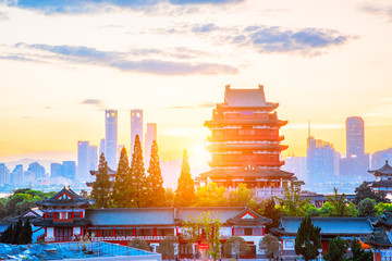 Wall Mural - The combination of urban architecture and old architecture in Nanchang, China (the Chinese character in the ancient building is Tengwang Pavilion)