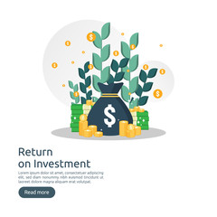 Poster - Return on investment ROI concept. business growth arrows to success. dollar stack pile coins and money bag. chart increase profit. Finance stretching rising up. banner flat style vector illustration.