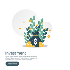 Poster - Return on investment ROI concept. business growth arrows to success. dollar stack pile coins and money bag. chart increase profit. Finance stretching rising up. banner flat style vector illustration.