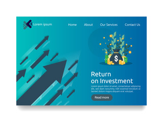 Poster - Return on investment ROI concept. Financial business growth arrows to success. dollar stack pile coins and money bag. chart increase profit. Finance stretching rising up. flat style web landing page.