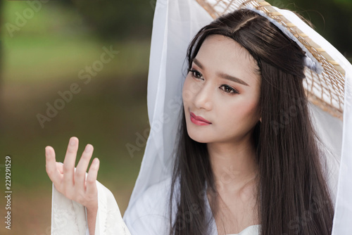 Close Up Portrait Beautiful Chinese Woman White Dress