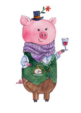 Watercolor Illustration With A Pig. Pig-aristocrat In A Suit And Hat With A Glass Of Wine