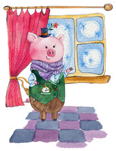 Watercolor Illustration With A Pig. Pig-aristocrat In A Suit And Hat