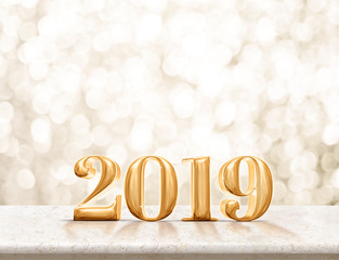 Poster - Happy new year 2019 gold glossy (3d rendering ) on marble table with sparkling gold bokeh wall,banner for display or montage of product for holiday promotion and advertise for online content.