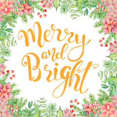 Canvas Print - Christmas watercolor card with floral winter elements. Merry and Bright lettering quote