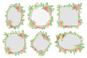 Wall Mural - Merry Christmas watercolor frame with floral winter elements. Happy New Year card, posters. 