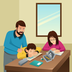 Sticker - Tired Kids Studying with Their Father at Home Illustration