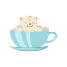 Cup Of Chocolate, Coffee, Cocoa Decorated With Cream Cat, Cute Kawaii Food Cartoon Character Vector Illustration On A White Background