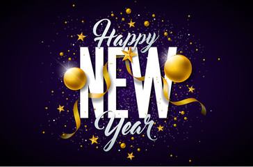 2019 happy new year illustration with typography lettering and christmas ball on dark background. ho