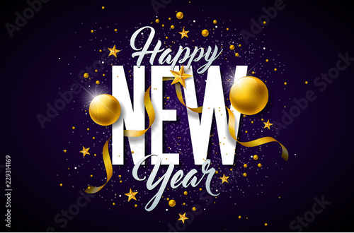 2019 Happy New Year illustration with typography lettering and Christmas ball on dark background Wallpaper Mural