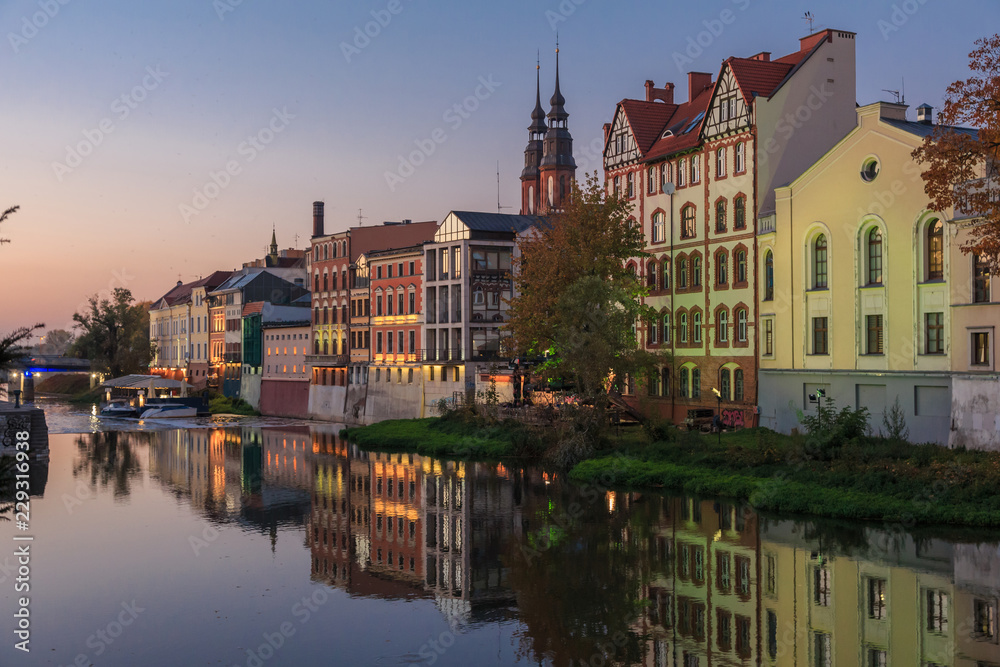 Opole at night - Panorama of Opole Venice seen from other side of Mlynowka channel ( Odra branch)  - obrazy, fototapety, plakaty 