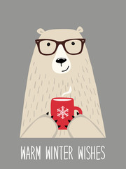 retro hand drawn christmas card with funny hipster bear