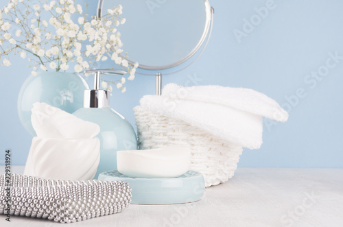Products For Body And Skin Care In Light Blue Ceramic Bowls