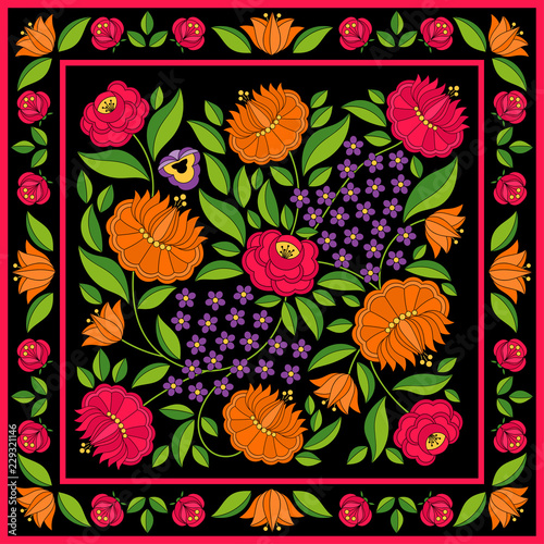hungarian-folk-pattern-vector-kalocsa-floral-ethnic-ornament-women-silk-scarf-bandana-print-vintage-traditional-flowers-design-slavic-eastern-european-embroidery-on-black-background