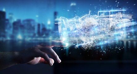 Poster - businessman using wireframe holographic 3d digital projection of an engine