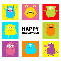 Happy Halloween. Cute monster icon set. Colorful square shape. Cartoon scary funny character. Eyes, tongue, hands up. Funny baby collection. White background Isolated. Flat design.