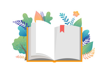 book festival concept - a group of tiny people reading a huge open book. vector illustration, poster