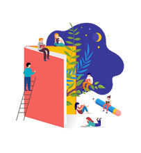 Book Festival Concept - A Group Of Tiny People Reading A Huge Open Book. Vector Illustration, Poster And Banner
