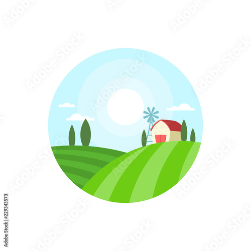 Farm House Round Label Badge Template With Landscape Farm House Round Label Badge Template With Landscape Concept Natural Products Vector Ilration Isolated On White Background