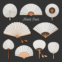 Chinese Fans. Japanese Traditional Hand Fan Set Vector Illustration, Vintage Woman Paper Fans Isolated