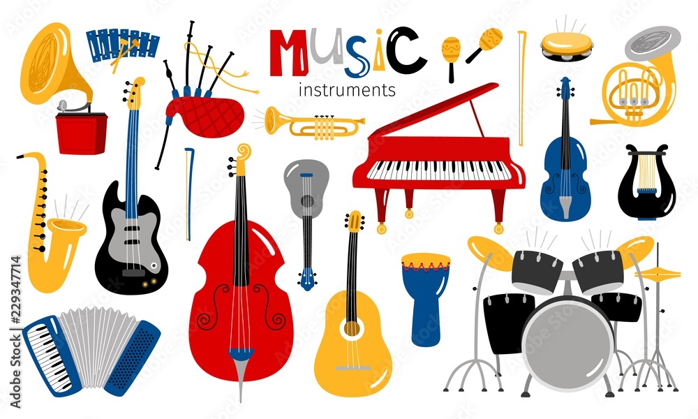 Cartoon musical instruments. Music instrument vector icons, entertainment instrumentation collection isolated on white background - obrazy, fototapety, plakaty 