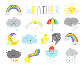 cute weather. cartoon weathers illustration items for kids, sunny clouds and happy sun face, moon an
