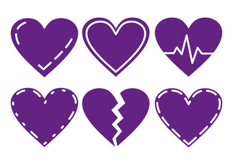 Wall Mural - Ultra violet Heart Icons Set, ideal for valentines day and wedding. Vector illustration isolated on white. 