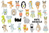 Fototapeta Fototapety na ścianę do pokoju dziecięcego - Vector poster with cartoon cute animals for kids in scandinavian style. Hand drawn graphic zoo