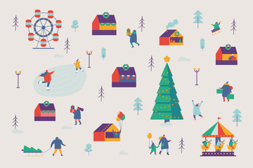 Christmas market and holiday fair pattern.  Winter and holiday activities. Flat vector illustration.